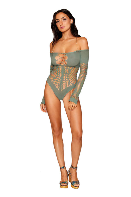 Dreamgirl Long Sleeve Teddy — One Size, Sage - DG-13269SAGOS