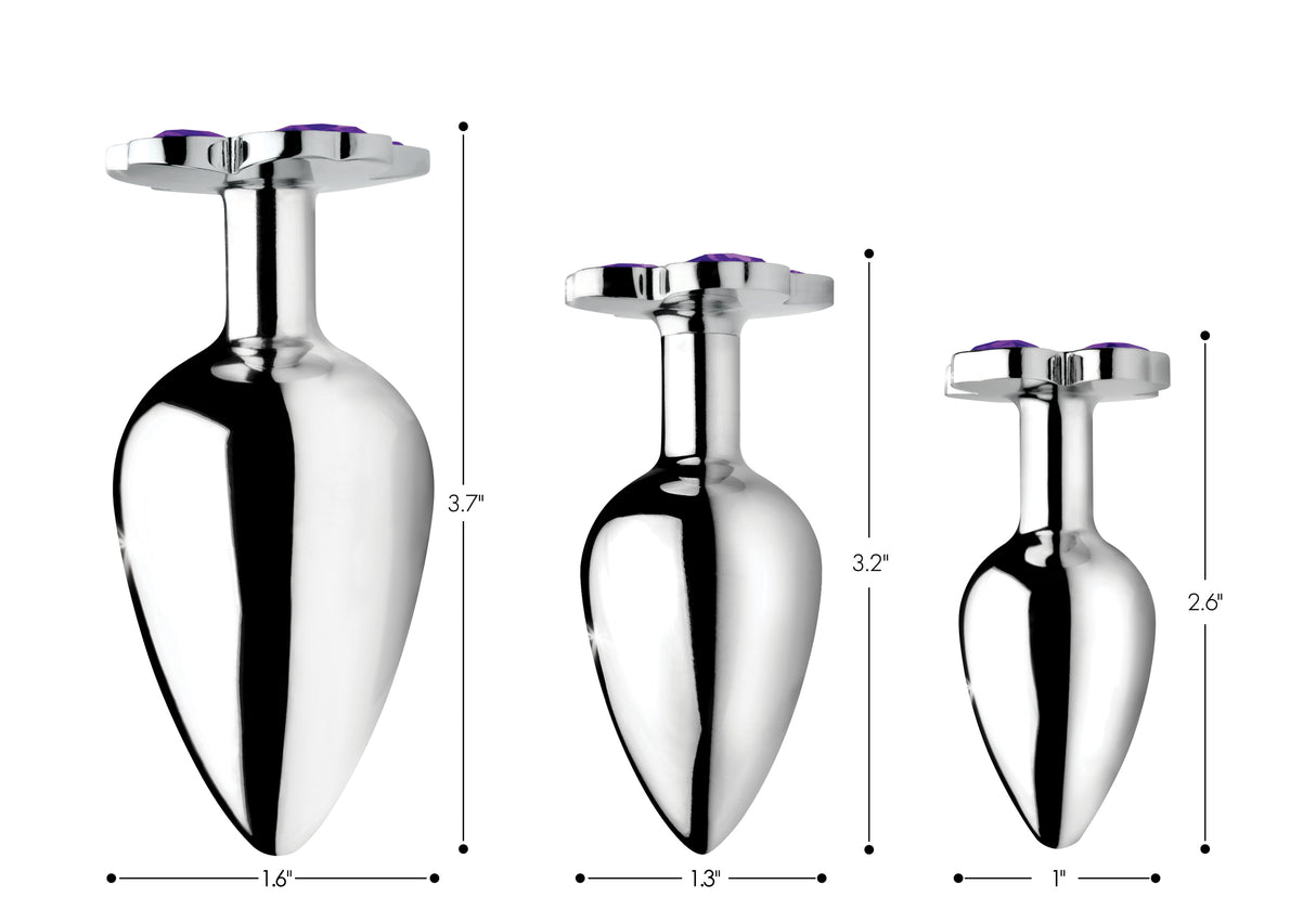 XR Brands Violet Flower Gem Anal Plug Set — 3 Sizes, Nickel-Free Aluminum - BTYS-AG205
