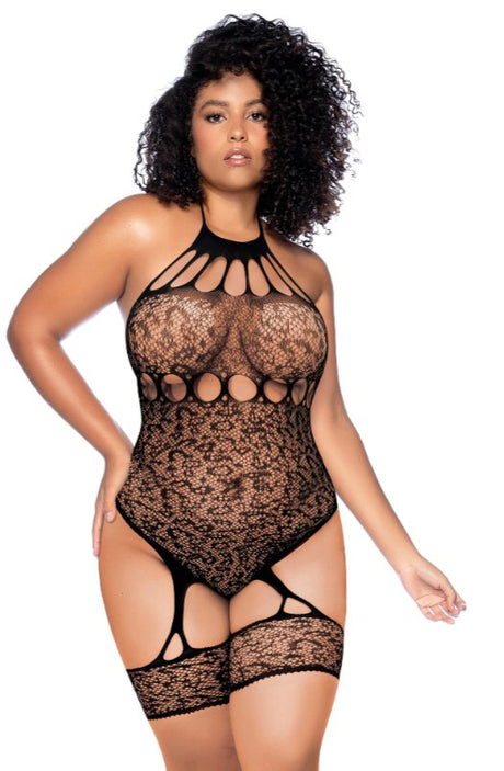 Mapale Leopard Halter Fishnet Bodysuit — Curve OS, Black - GE-1144XBKOS