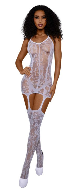 Dreamgirl Lace & Opaque Seam Garter Dress, OS White - DG-0145WHOS