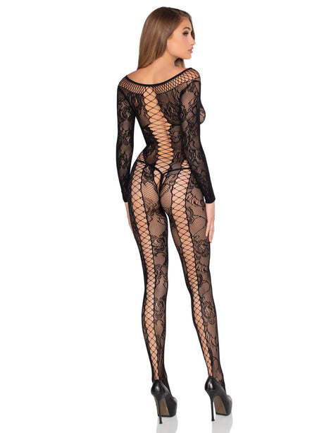 Leg Avenue Net & Lace Crotchless Jumpsuit, One Size, Black - LA-89369BKOS