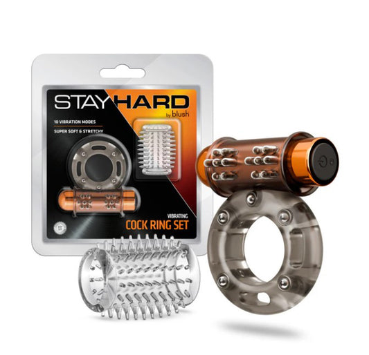 Blush Stay Hard Vibrating Cock Ring Set with Textured Sleeve - BL-77919