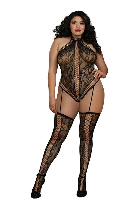 Dreamgirl Lace Teddy Bodystocking — Queen Size, Black - DG-0329XBLKQ