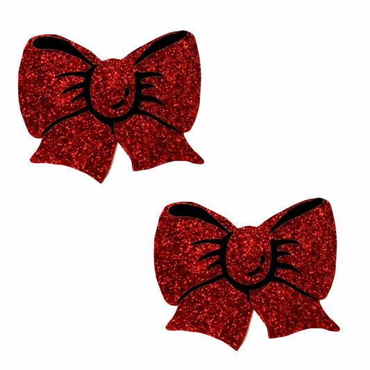 Neva Nude Ravish Me Red Glitter Bow Nipple Pasties, 2 Pack (3.5" x 2.9") - NN-RMR-BOW-NS