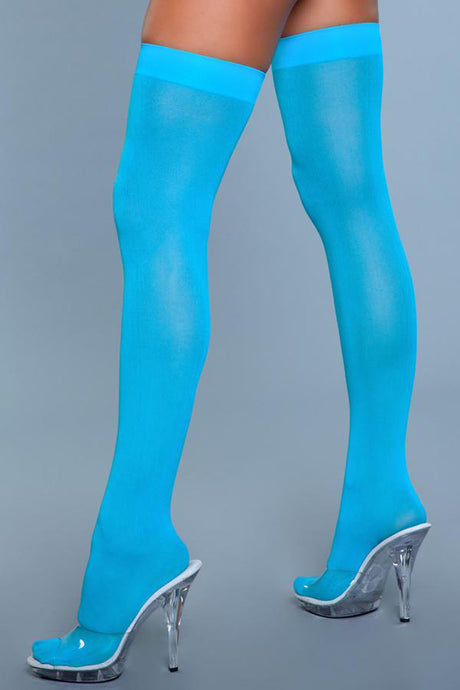 BeWicked Opaque Nylon Thigh Highs - Turquoise, One Size - BW-1932TUR