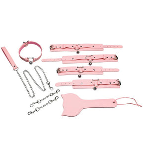 XR Brands Kitty Bondage Set — Pink Vegan Leather Kit with Collar, Cuffs, Leash & Paddle - MS-AH822