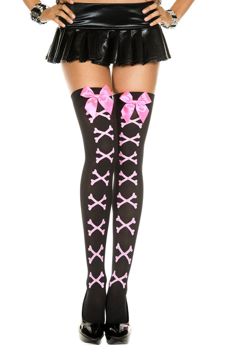 Music Legs Cross Bone Satin Bow Opaque Thigh Highs — One Size (Black/Pink) - ML-4550BLKPNK