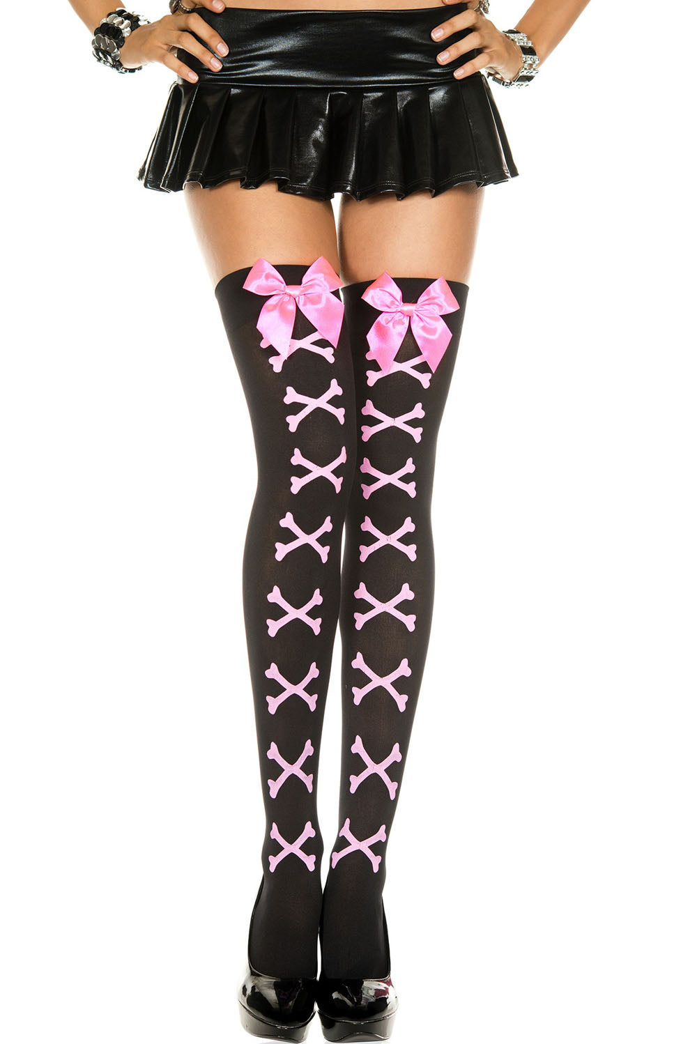 "Cross Bone and Satin Bow Opaque Thigh Hi - One Size - Black / Pink ML-4550BLKPNK"