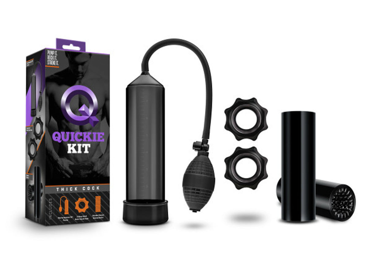 Blush Quickie Kit — Thick Cock Pump Set with Sleeve & Rings, Black - BL-50115