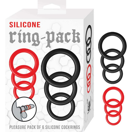 Nasstoys Silicone Ring Pack — 6 Stretch Cock Rings, Red & Black - NW3349