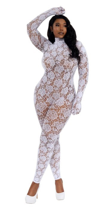 Dreamgirl Gloved Bodystocking — White (90% Nylon, 10% Spandex) - DG-0516XWH