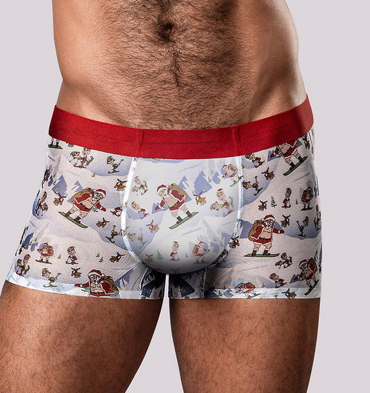 Male Power Seamless Sheer Short — Santa Scene Print, Small - MP-SMS011XMSL