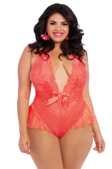 Dreamgirl Coral Queen-Size Plunging Lace Teddy - DG-10583NXCQ