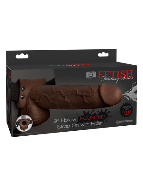 Pipedream Fetish Fantasy 9 Inch Hollow Squirting Strap-On with Balls - Brown - PD3398-29