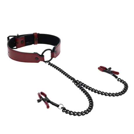 Sportsheets Saffron Adjustable Collar with Nipple Clamps, Red/Black (13 to 18 in) - SS48041