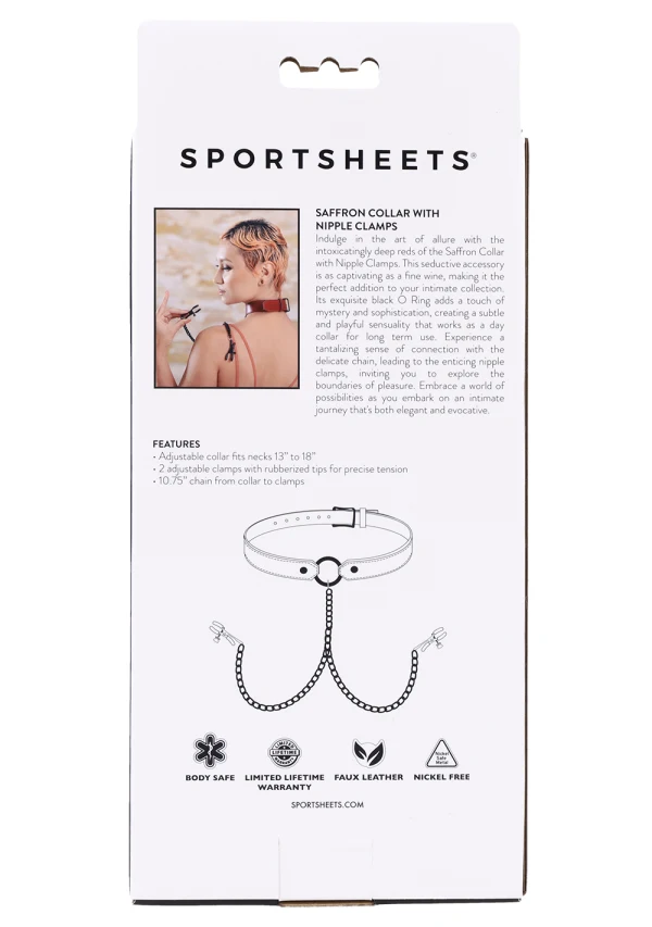 Sportsheets Saffron Adjustable Collar with Nipple Clamps, Red/Black (13 to 18 in) - SS48041