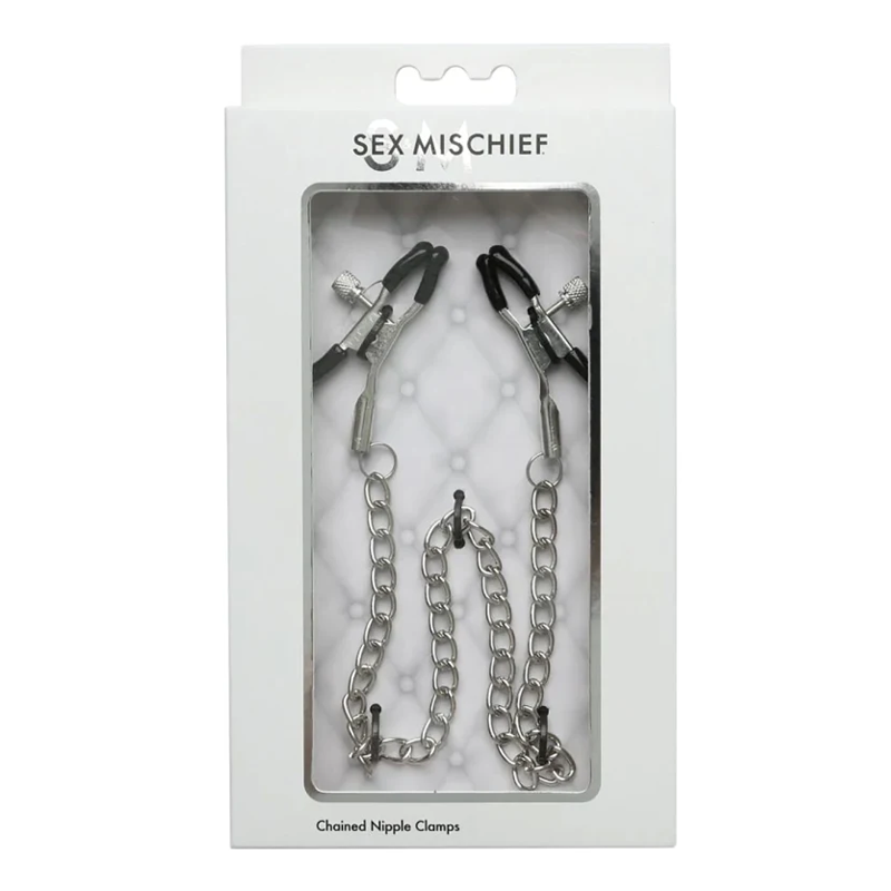 Sex & Mischief Chained Nipple Clamps — Adjustable Rubber Tips, 13-inch Chain - SS100-89