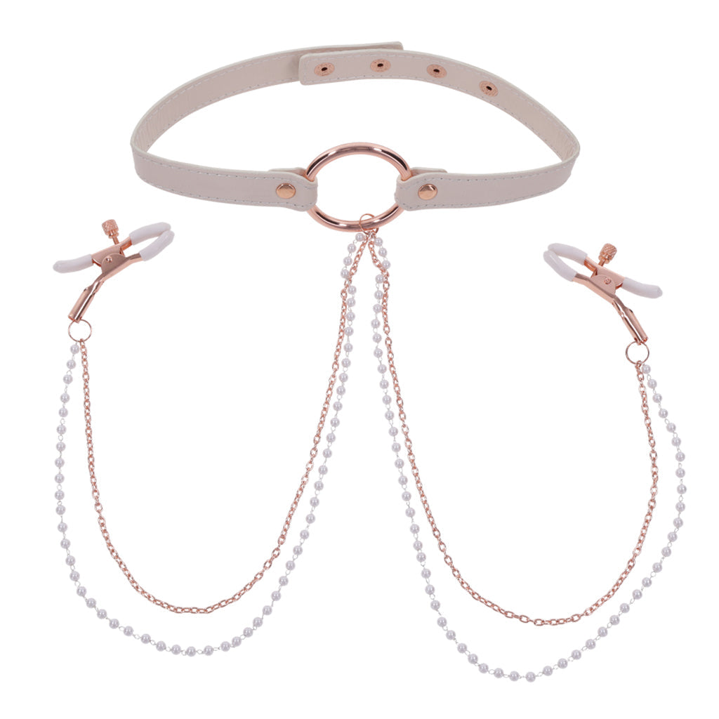 Sex & Mischief Peaches 'n CreaMe Peach Collar with Adjustable Nipple Clamps - SS09963