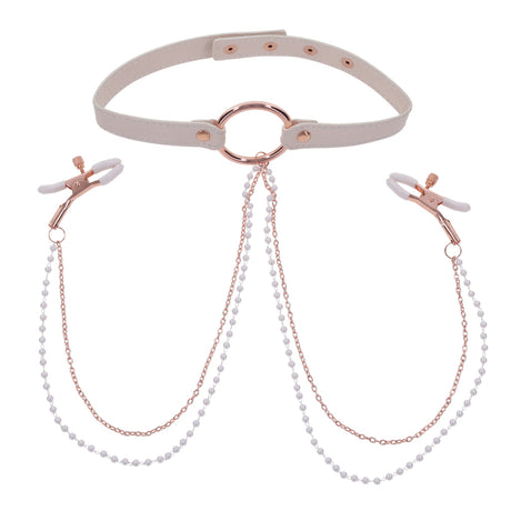 Sex & Mischief Peaches 'n CreaMe Peach Collar with Adjustable Nipple Clamps - SS09963