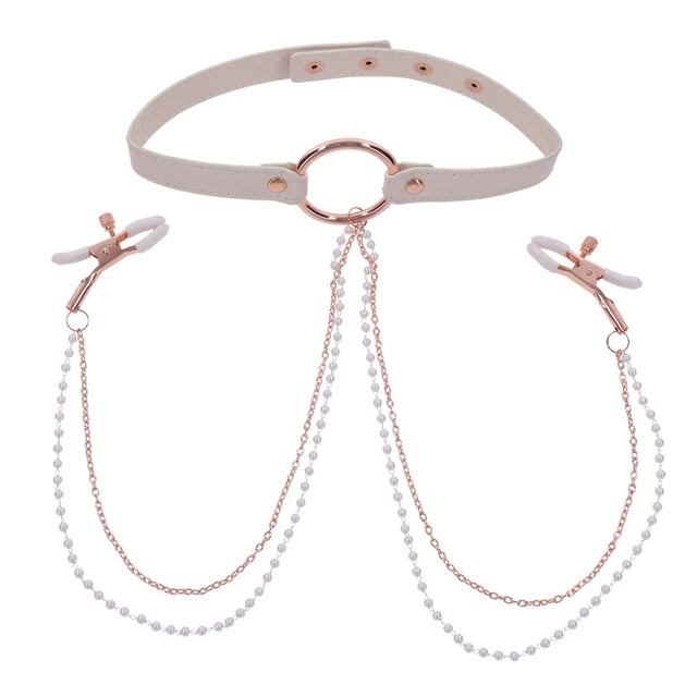 Sex & Mischief Peaches 'n CreaMe Peach Collar with Adjustable Nipple Clamps - SS09963