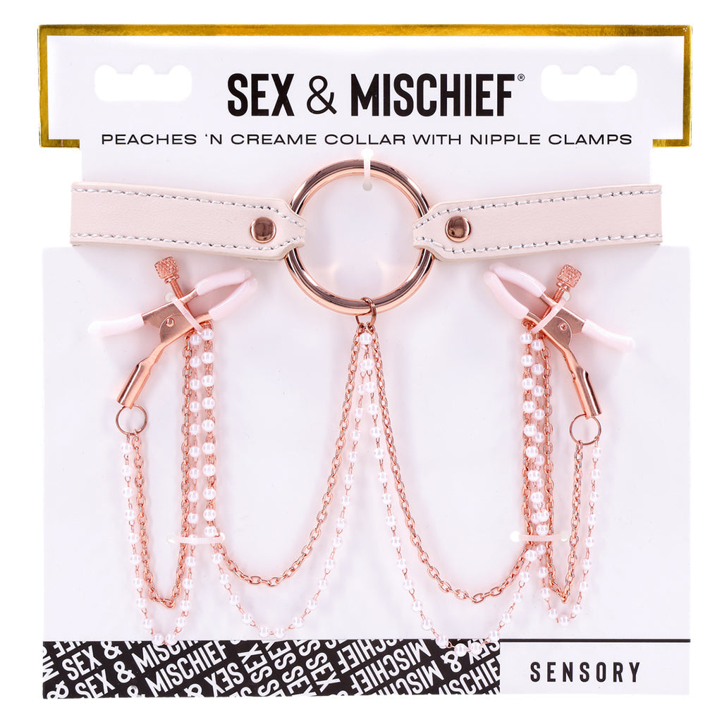 Sex & Mischief Peaches 'n CreaMe Peach Collar with Adjustable Nipple Clamps - SS09963