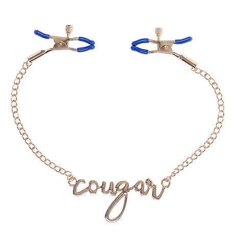 Sex & Mischief Cougar Nipple Clamps, Adjustable Blue with Gold Chain - SP9756