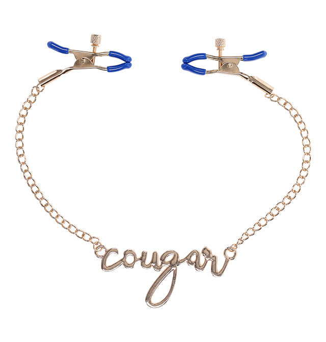 Sex & Mischief Cougar Nipple Clamps, Adjustable Blue with Gold Chain - SP9756