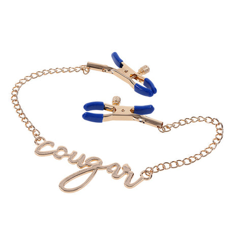 Sex & Mischief Cougar Nipple Clamps, Adjustable Blue with Gold Chain - SP9756