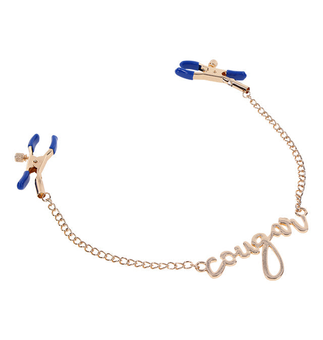 Sex & Mischief Cougar Nipple Clamps, Adjustable Blue with Gold Chain - SP9756