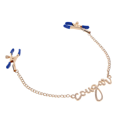 Sex & Mischief Cougar Nipple Clamps, Adjustable Blue with Gold Chain - SP9756