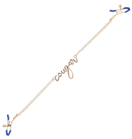 Sex & Mischief Cougar Nipple Clamps, Adjustable Blue with Gold Chain - SP9756