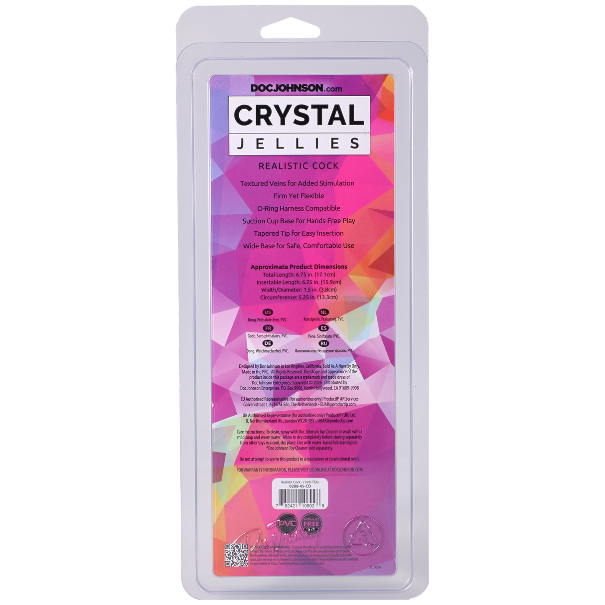 Doc Johnson Crystal Jellies Realistic Dildo — 7 in Teal - DJ0288-45-CD
