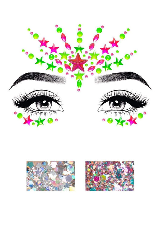 Leg Avenue Vibe Neon Adhesive Face Jewel Sticker with 2 x 3g Body Glitter - LA-EYE026