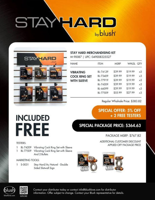 Blush Stay Hard Merchandising Kit — 20 Vibrating Cock Ring Sets - M-90087