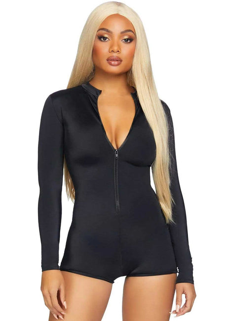Leg Avenue Zipper-Front Matte Romper Bodysuit — Small, Black - LA-86869BLKS