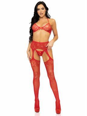 Leg Avenue 3-Piece Rhinestone Bra, G-String & Fishnet Garter Set — One Size, Red - LA-81656REDOS