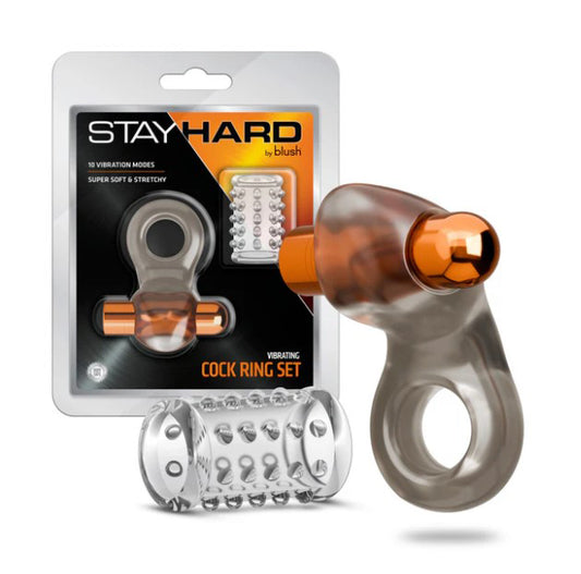 Blush Stay Hard Vibrating Cock Ring Set with Textured Sleeve - BL-73409
