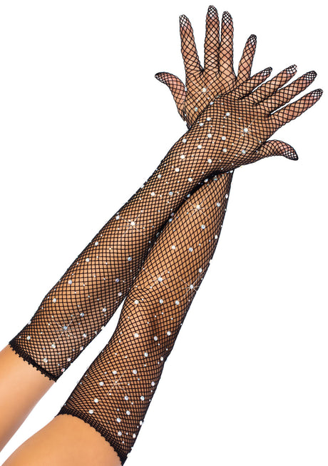 Leg Avenue Rhinestone Fishnet Opera-Length Gloves — Black - LA-2038BLK