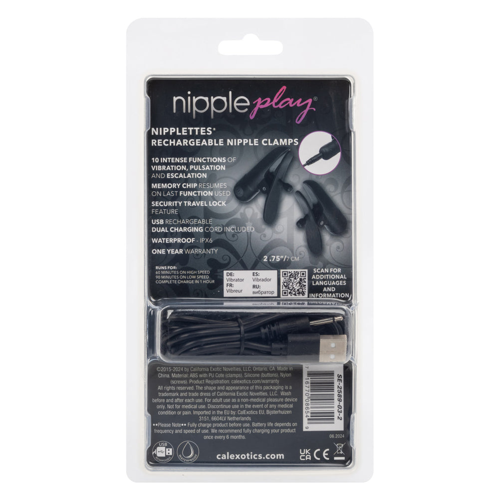 CalExotics Nipplettes Rechargeable Vibrating Nipple Clamps — Black - SE2589032