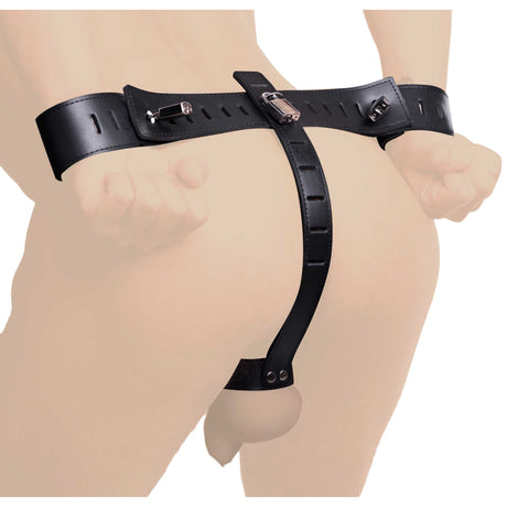 Strict Leather Wrist-to-Cock Locking Restraint — Adjustable, Black Leather - 848518002709