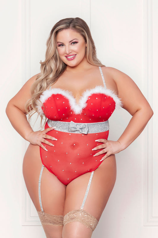 Seven Til Midnight Rhinestone Mesh Teddy with Marabou Trim — Red 3X/4X - STM-11470XR3X4