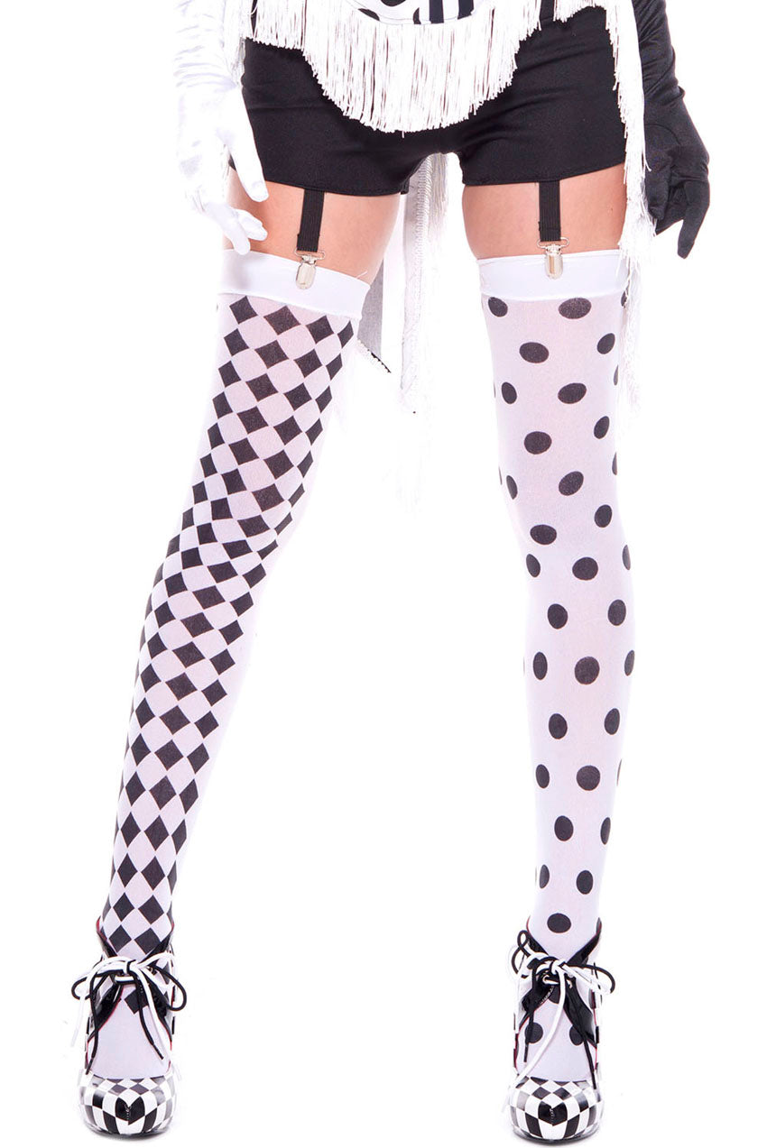 "Diamond Design and Polka Dot Harlequin Thigh Hi - White / Black ML-4180WHTBLK"