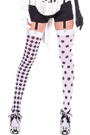 "Diamond Design and Polka Dot Harlequin Thigh Hi - White / Black ML-4180WHTBLK"