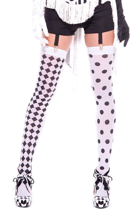"Diamond Design and Polka Dot Harlequin Thigh Hi - White / Black ML-4180WHTBLK"