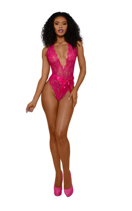 Dreamgirl Tiana Lace Teddy with Satin Tie — S/M, Azalea - DG-14254AZSM