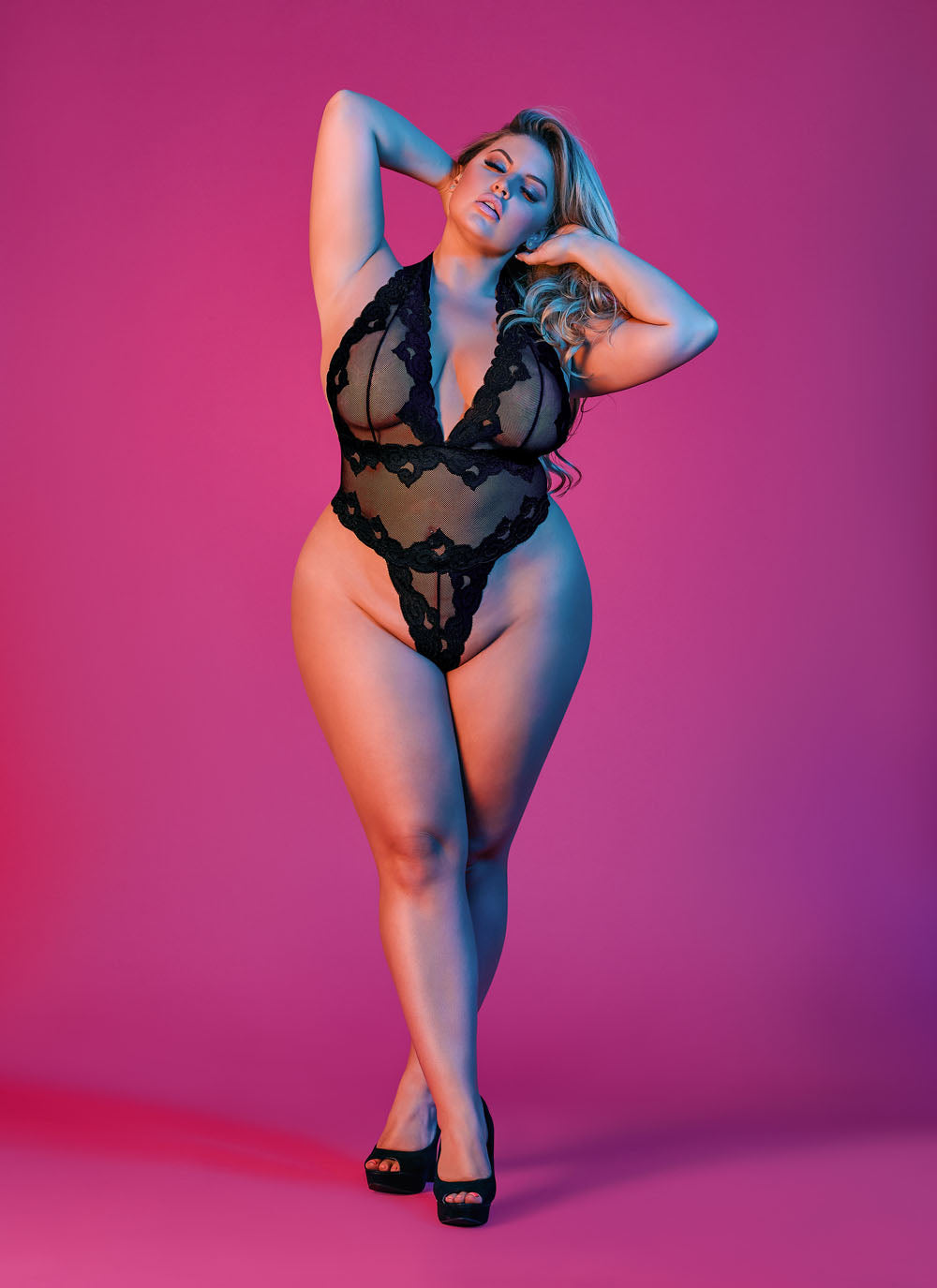 Sexy Time Deep Plunge Halter Teddy - Black - 1x-3x by Magic Silk