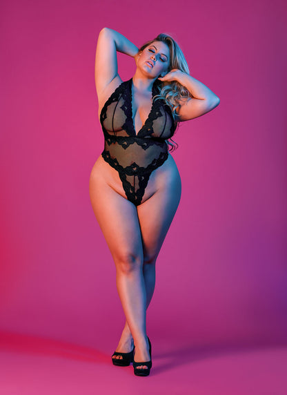 Sexy Time Deep Plunge Halter Teddy - Black - 1x-3x by Magic Silk