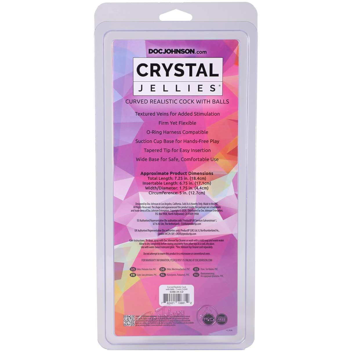 Doc Johnson Crystal Jellies Curved Realistic Dildo With Balls — 7 Inch Clear - DJ0288-34-CD