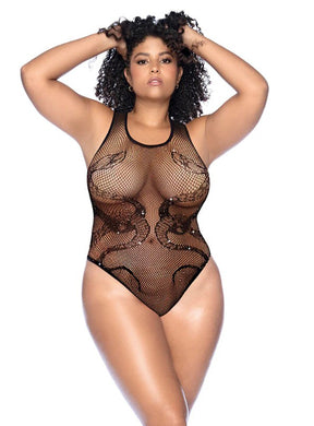 Mapale Snake Fishnet Rhinestone Bodysuit — Curve OS, Black - GE-1155XBKOS