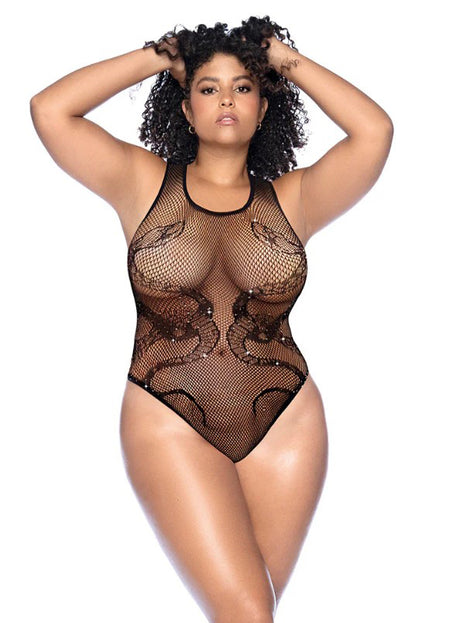 Mapale Snake Fishnet Rhinestone Bodysuit — Curve OS, Black - GE-1155XBKOS